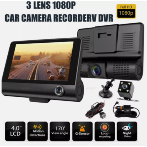 Triple caméra embarquée pour voiture, vision nocturne améliorée grâce à ses 6 capteurs infrarouges, caméra avant Full HD 1080p avec système