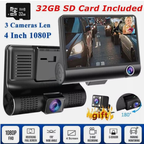 Triple caméra embarquée pour voiture, vision nocturne améliorée grâce à ses 6 capteurs infrarouges, caméra avant Full HD 1080p avec système 2