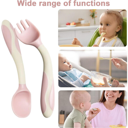 Silicone Feeding Spoon and Fork  Ergonomic Grip First Stage Learning Set Pink 2