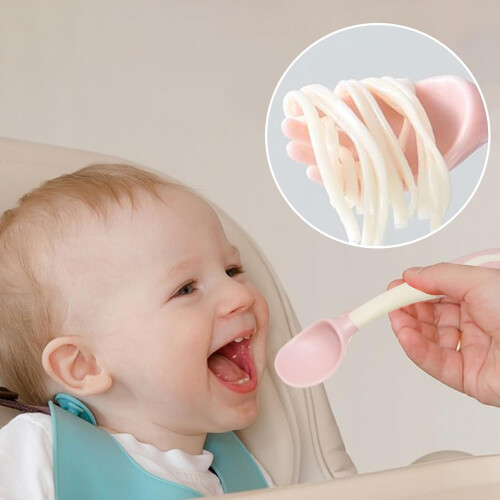 Silicone Feeding Spoon and Fork  Ergonomic Grip First Stage Learning Set Pink 1