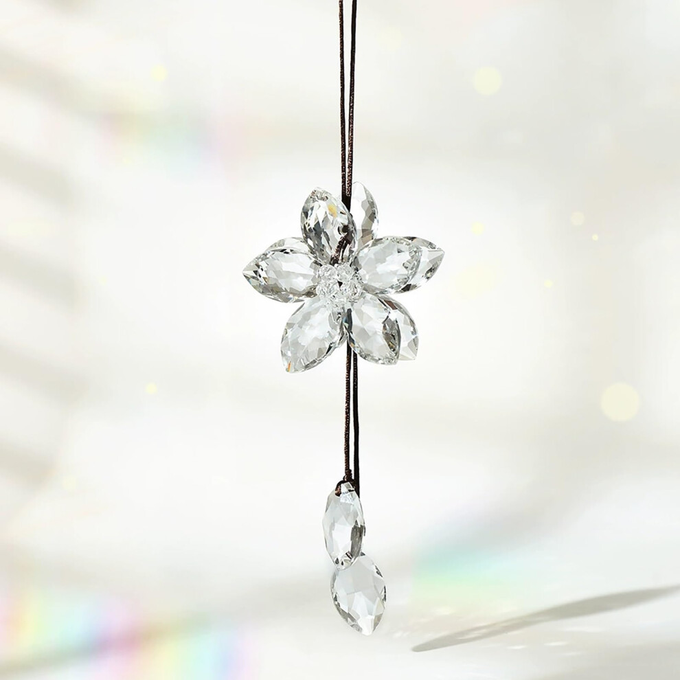 Crystal Flower Car Rearview Mirror Ornament, Crystal Sun Catcher Car Charm, Lucky Car Pendant Hanging Decor Light 9189345726255