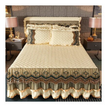 Crystal Velvet Winter Bed Skirt, Gold Lace, Thickened Cotton, NonSlip (200x220cm)
