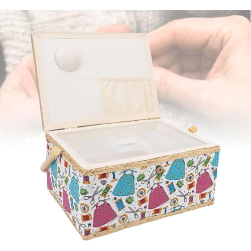 Sewing Basket Large Capacity 2Layer Organizer With Handle Classic Fabric Design For Scissors Thread Pins Needles 1