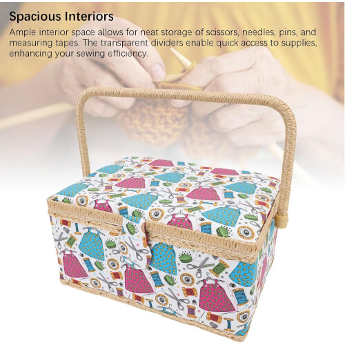 Sewing Basket Large Capacity 2Layer Organizer With Handle Classic Fabric Design For Scissors Thread Pins Needles 2