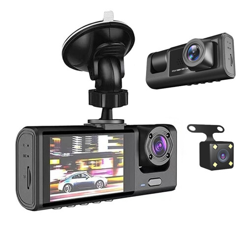 Système DVR pour voiture avec technologie à triple objectif, vision nocturne améliorée grâce à 4 lampes infrarouges, enregistrement en boucle