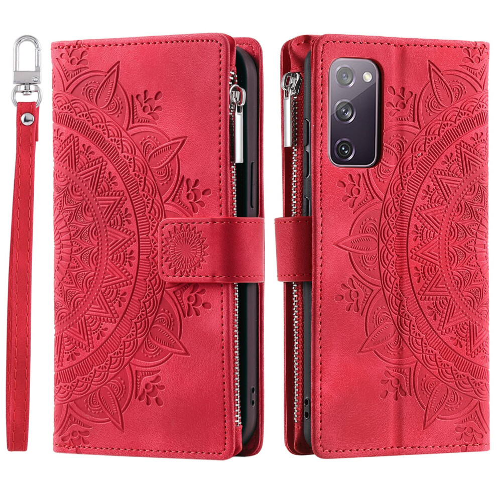 Wallet Case For Samsung Galaxy S20 Fe Flower Flip Leather Folio With Card Slots Kickstand Zipper Pocket Red 9365049466806