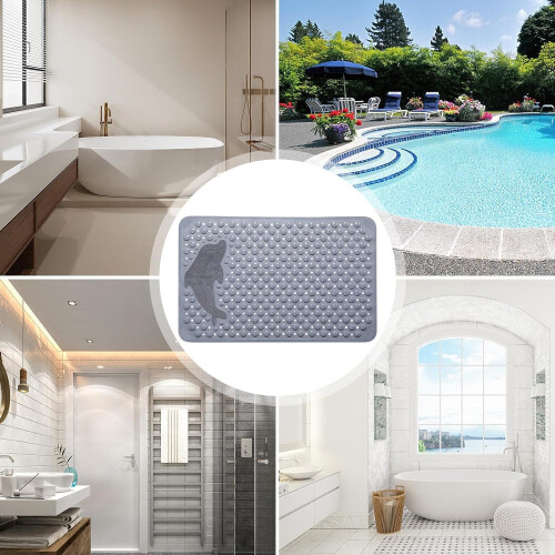 Bath Mat with Dolphin Pattern, Thick Massage Brush Surface, Machine Washable Gray 2