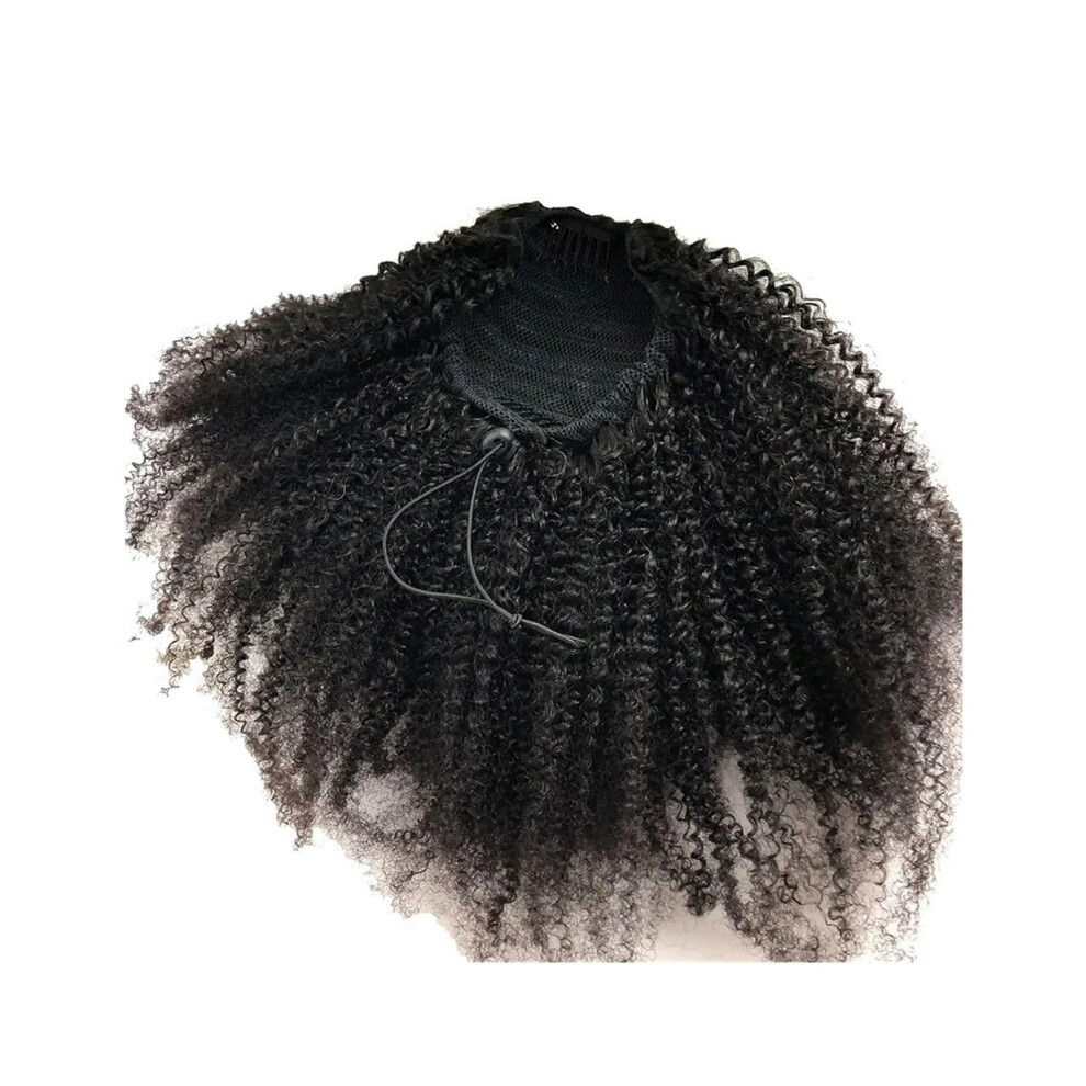 Unisex Black Ponytail Extension Real Human Hair Afro Puff Drawstring Kinky Curly Clipin Remy Hair 20 Inch For Women 2X20