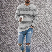 (Gray, S) Men Pullover Jumper Sweater Crew Neck Winter Striped Knitted Slim Fit Warm