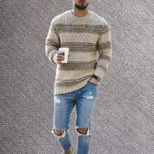(Khaki, S) Men Pullover Jumper Sweater Crew Neck Winter Striped Knitted Slim Fit Warm