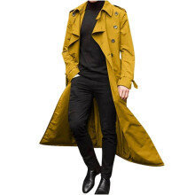 (Yellow, CN-2XL=UK-L) Men's Trench Coats Double Breasted Casual Windbreaker Lapel Long Jacket Overcoat