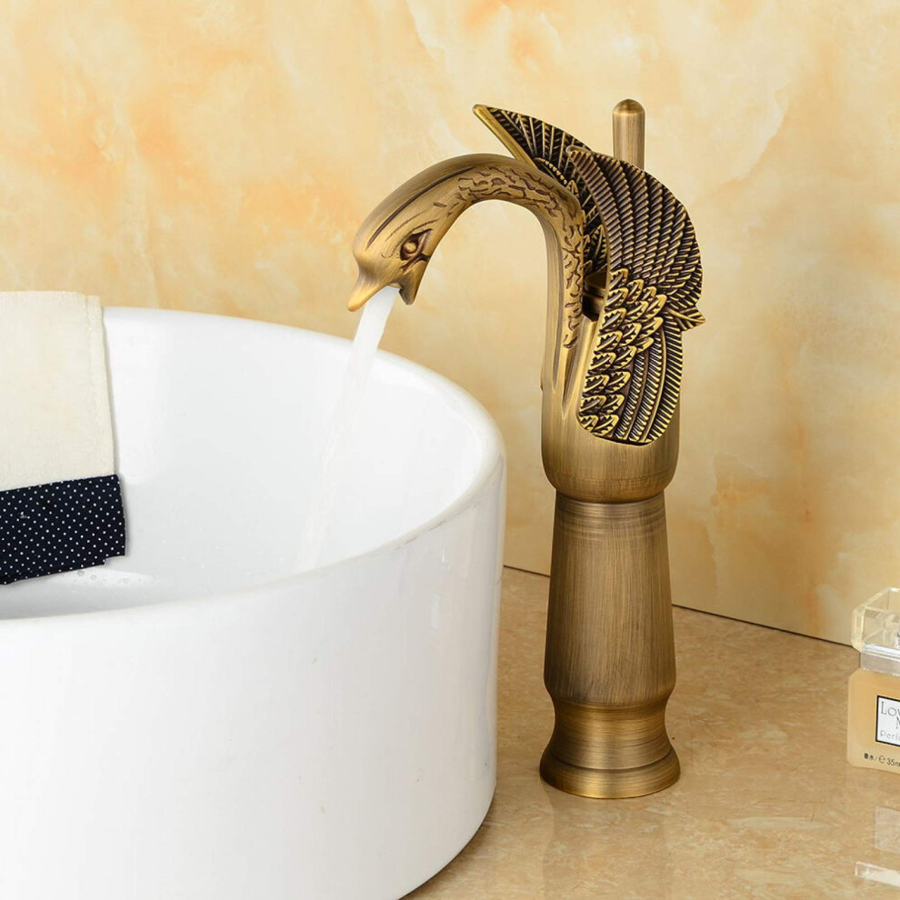 Golden Faucet European Style Swan Carving Vanity Sink Mixer Tap Deck Mounted Antique Gold Finish 9426802983258