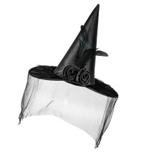 Chapeau de sorcière à fleurs d'halloween avec voile noir,-Noir