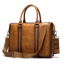 Business Bag, Men's Vintage Genuine Leather 14 Inch Laptop Messenger Briefcase, Anti-Theft Computer Satchel, Brown Coffee