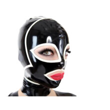 Black Latex Hood With Red Rim Open Eyes And Mouth XL Size Black And White