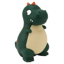 Cofrinho decorativo em formato de dinossauro, feito de plástico inquebrável, ideal para meninos. Incentiva as crianças a poupar, é fácil de