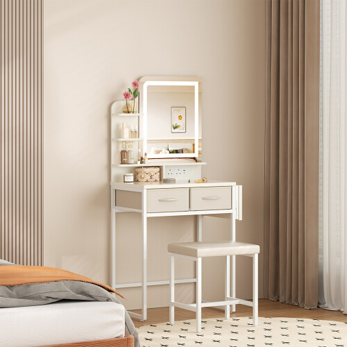 Living And Home LED Mirror Dressing Table and Stool Set with Power Strip 2