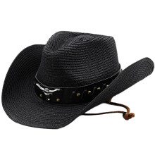 Western PU ceinture chapeau de paille chapeau femmes-Noir