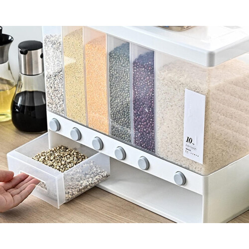 Wall Mounted Cereal and Rice Dispenser, SixSection 22lb Storage with OnePress Grain Release 1