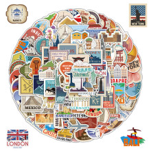 100Pcs Travel Map Country Stickers,Waterproof & Reusable Vinyl Material Vintage Style Stickers for Laptops, Skateboards, Bikes, Guitars, Bags & Partie
