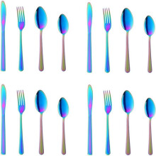 Lingură placată cu titan, fără rugină, model curcubeu, set elegant din oțel inoxidabil cu mâner lung pentru bufeturi, petreceri, uz zilnic (16