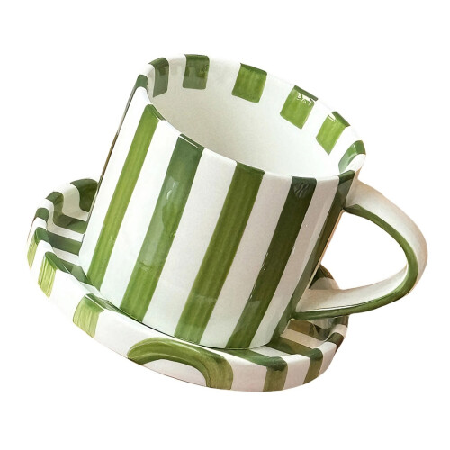 Ergonomic Handle Designs 5Inch Striped Ceramic Mugs and-Green