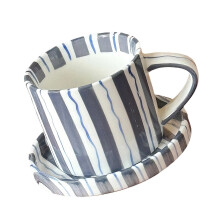Premium Ceramic Striped Mugs Saucer Set 5Inch with-Blue