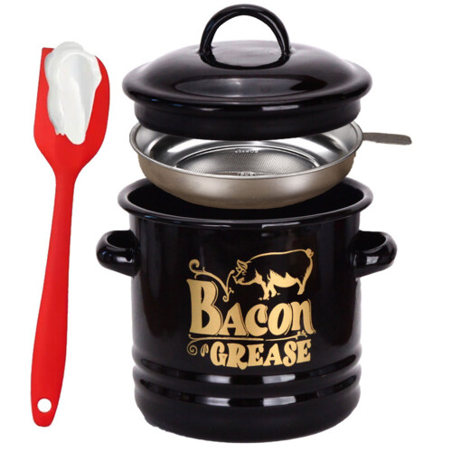 Kitchen Enamel Bacons Grease Container Jar-Black Filter scraper