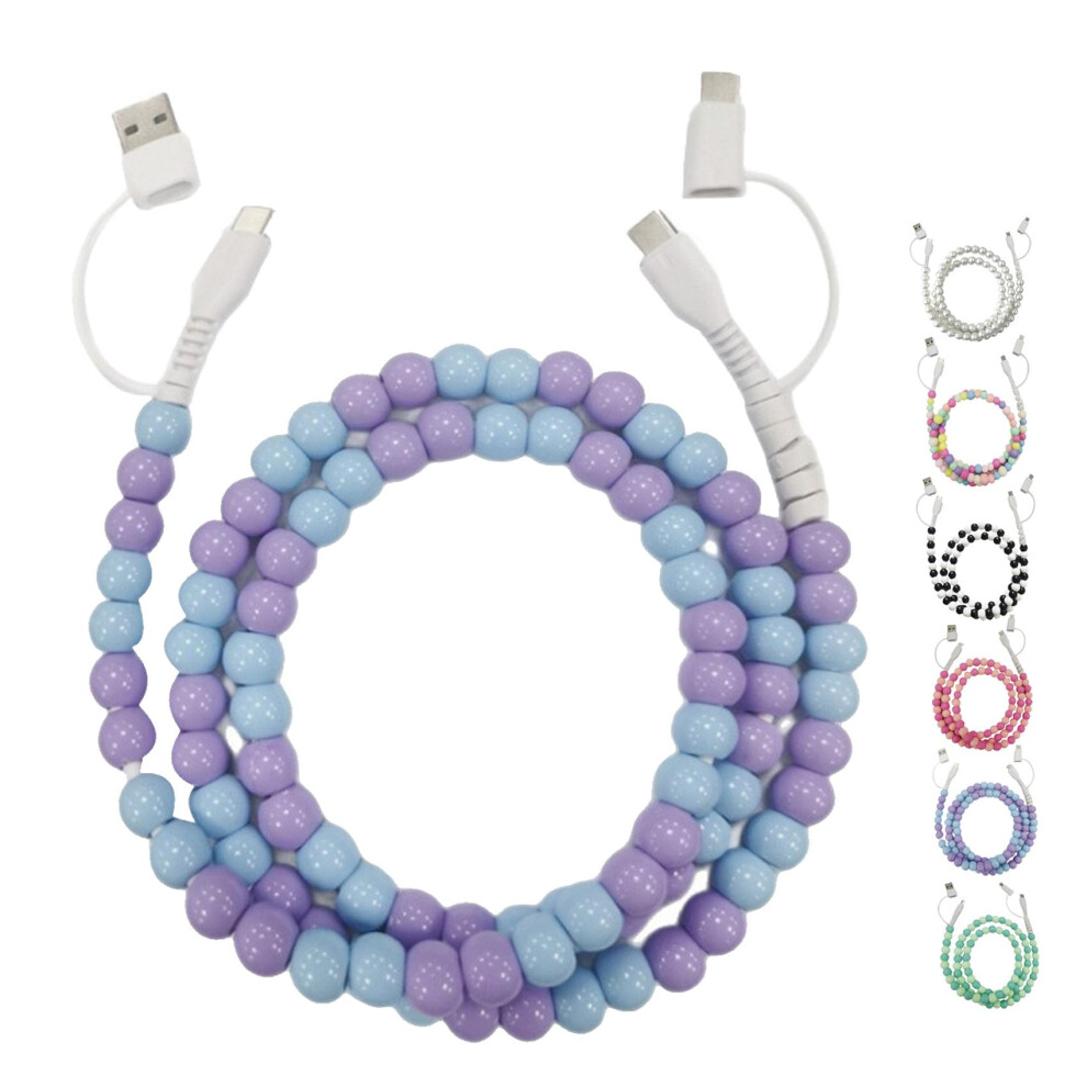 4In1 Beaded Charging Cord 66W Fast Charging, 3.3Ft Cable For Iphone, Colorful Beaded Cable, Bead Blue/Purple 9426802990713