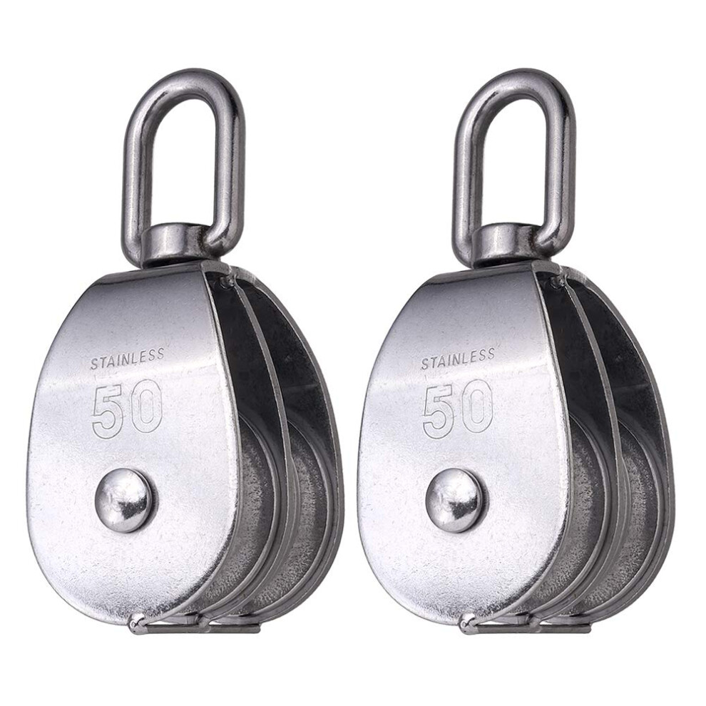 M50 Lifting Double Pulley Block 304 Stainless Steel Crane Swivel Hook, Double Pulley Roller, 2 Pack 9365049492782