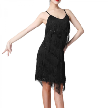Women Sequin Tassel Dress Dancewear Fringe Latin Dance Dress for Club TangoWhite ArgentXL