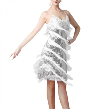 Women Sequin Tassel Dress Dancewear Fringe Latin Dance Dress for Club TangoRose RedM