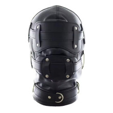Black Leather Bondage Mask Hood for BDSM, Unisex Fetish Eye Mask with Mouth Gag for Adult Games and Role Play