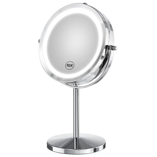Glow Getter, LED Lighted Makeup Mirror, Auto Off Feature, Memory Function, Double Sided With 10X Magnification, 360 Degrees Rotation For Convenient An