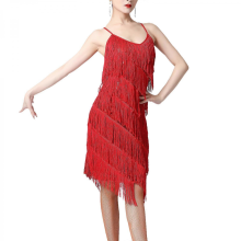 Women Sequin Tassel Dress Dancewear Fringe Latin Dance Dress for Club TangoRose Red3XL