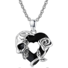 Skull necklace sterling silver rose, gothic pendant heart necklace, black austrian crystal necklace, halloween necklace jewelry [jkw]