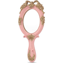 Resin Frame Handheld Mirror for Makeup Use, Embossed Rose Pattern Vintage Vanity Mirror, Bow Decoration Oval Portable Mirror with HD Glossy Silver Sur
