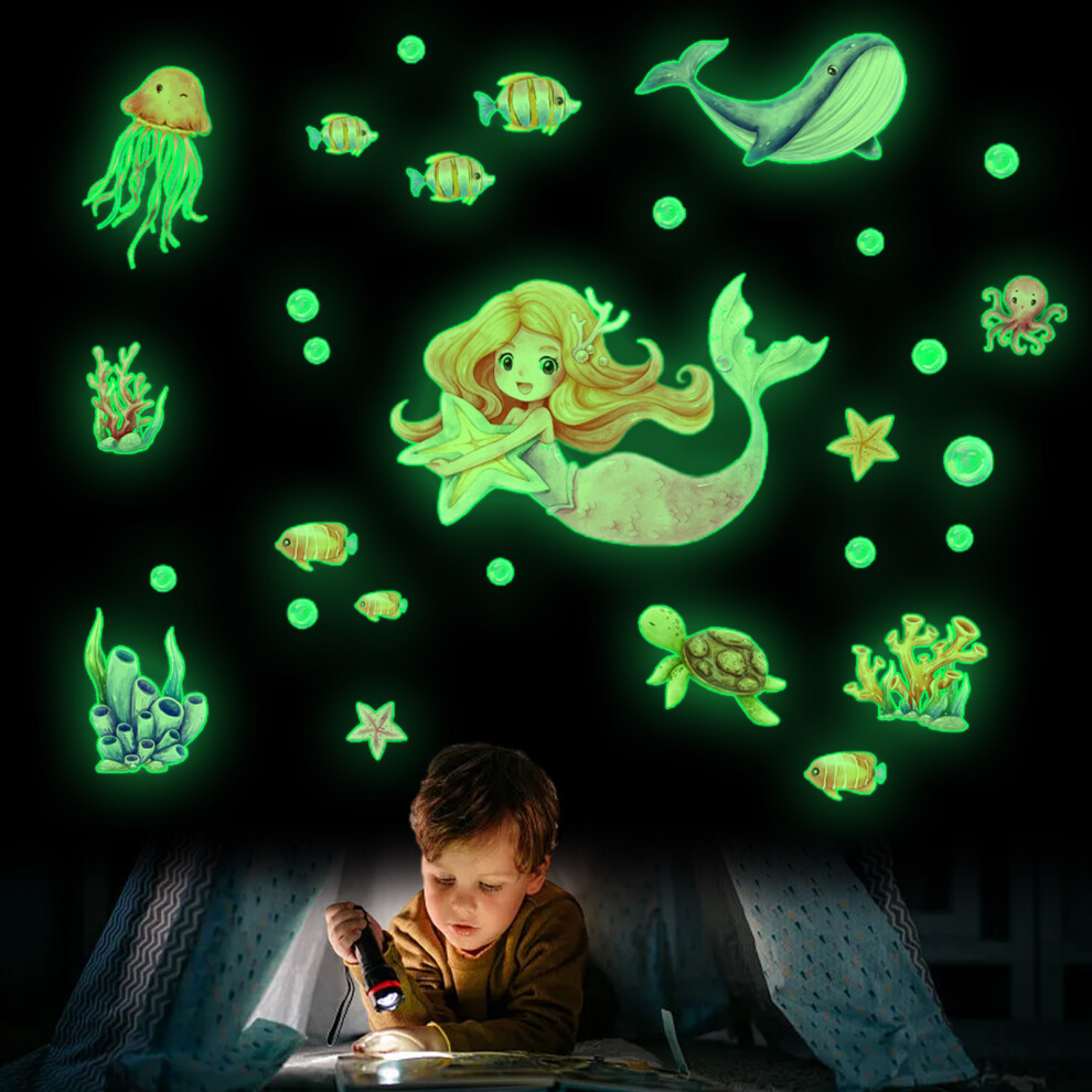 Luminous Mermaid Fantasy, Glow in The Dark Ocean Theme Wall Art, Waterproof PVC Material Ceiling Decor for Childrens Room, Non-Toxic Self-Adhesive Sti