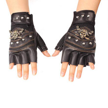 Guanti senza dita gotici da uomo, guanti da motociclista vintage con decorazioni a teschio e catena in metallo, guanti in similpelle stile steampunk