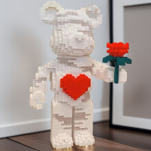 (Flower-Giving Block Bear) Pixel Style Building Block Bear | Heart-Shaped Rose Design, and Red Plastic, Adult Stress Relief Puzzle Toy