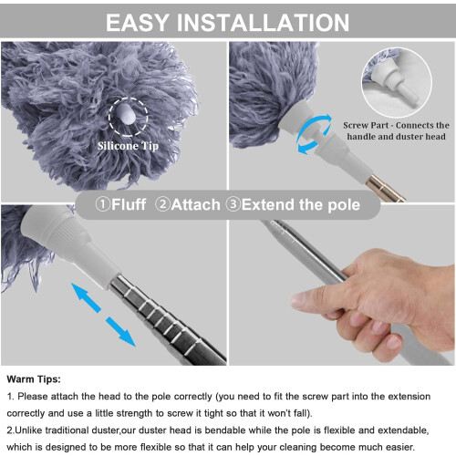 Microfiber Feather Duster for High Ceiling Cleaning, Telescoping Extension Pole with 360-Degree Bendable Head, Washable Reusable Dust Absorption Clean 1