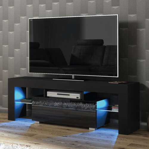 TV Unit 130cm Floe - Black with Gloss Doors and LED Lights