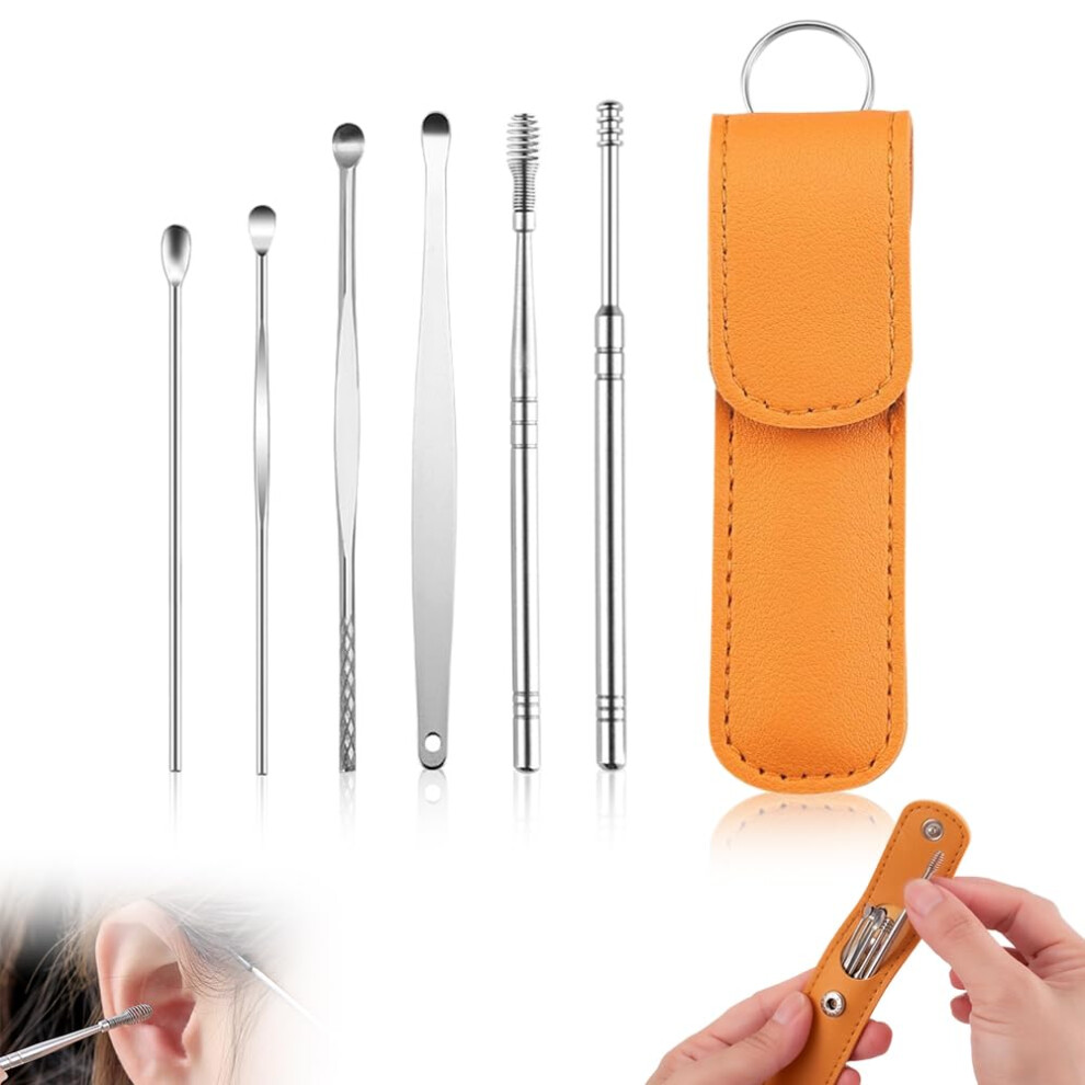 Orange Innovative Ear Wax Cleaning Tool, 6Piece Stainless Steel Ear Cleaner With Storage Bag (Orange)