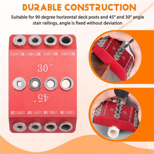 30/45/90 Angle Drill Hole Guide Jig for Angled and Straight Hole,Cable Railing Lag Screw Drilling Template,4 Drill Bits 2