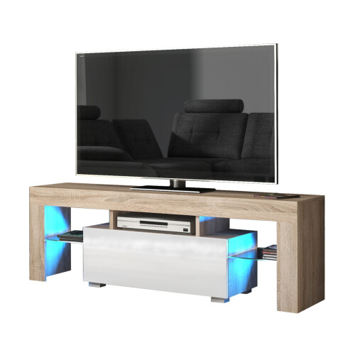 TV Unit 130cm Floe - Oak & White Gloss Doors and LED Lights 2