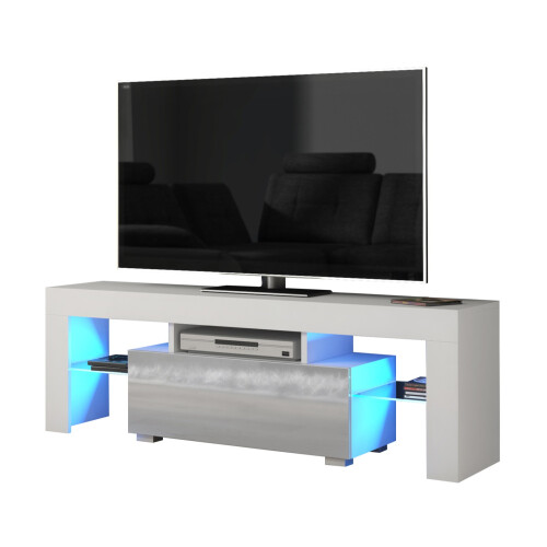 TV Unit 130cm Floe - White & Grey Gloss Doors and LED Lights 2