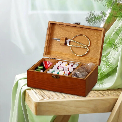 Sewing Box Wooden Sewing Box Basket Empty Box Pattern Vintage for Sewing Needles Storage 1