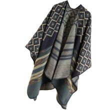 Bohème Poncho Ethnique Châle Pull Géométrique Fleur-Bleu marine