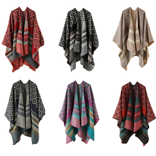 Bohème Poncho Ethnique Châle Pull Géométrique Fleur-Bleu marine 1