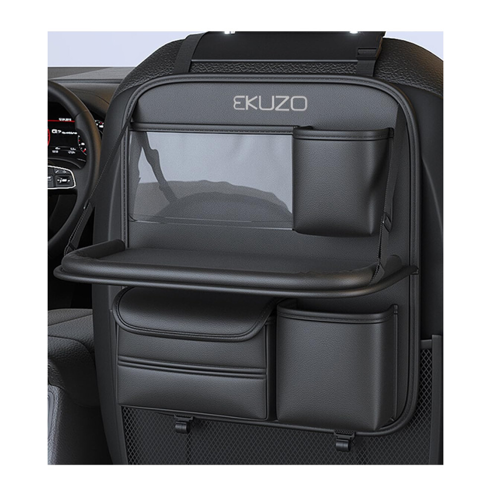 Back Seat Car Organizer With Tray,Foldable Car Table For Kids Travel Backseat Tissue Holder With Big Pockets Leather (Black) Black 9412369519177